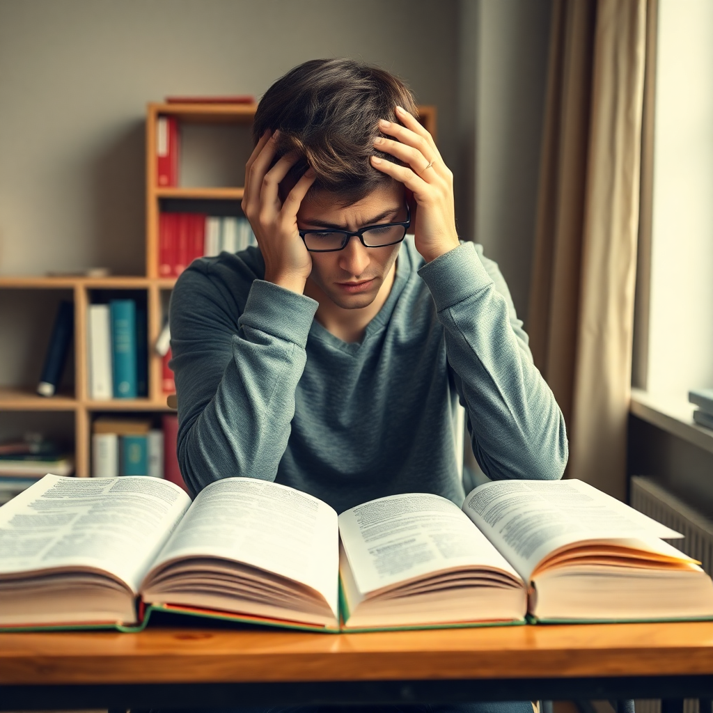 stressed language learner sitting at desk with open English books, looking overwhelmed and discouraged, holding head in hands, modern study room setting, soft natural lighting, realistic photography style